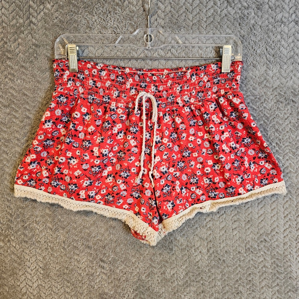 Summer Boho Red Floral Smocked Waist Shorts Crochet Lace Trim NJ29B514M M 7-9